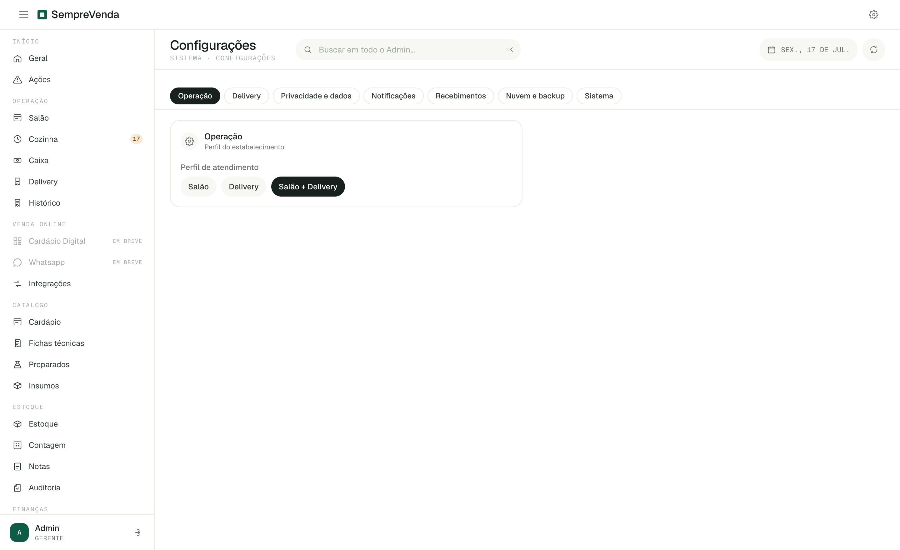 Página de configurações