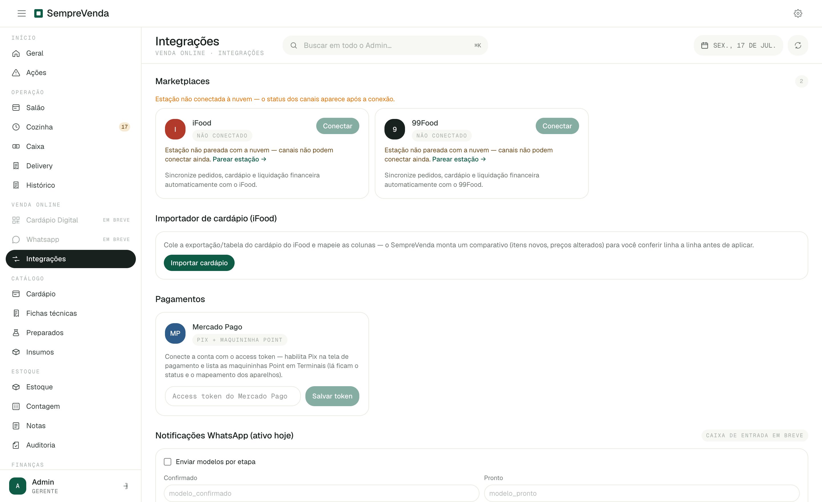 Página de integrações com Mercado Pago e canais