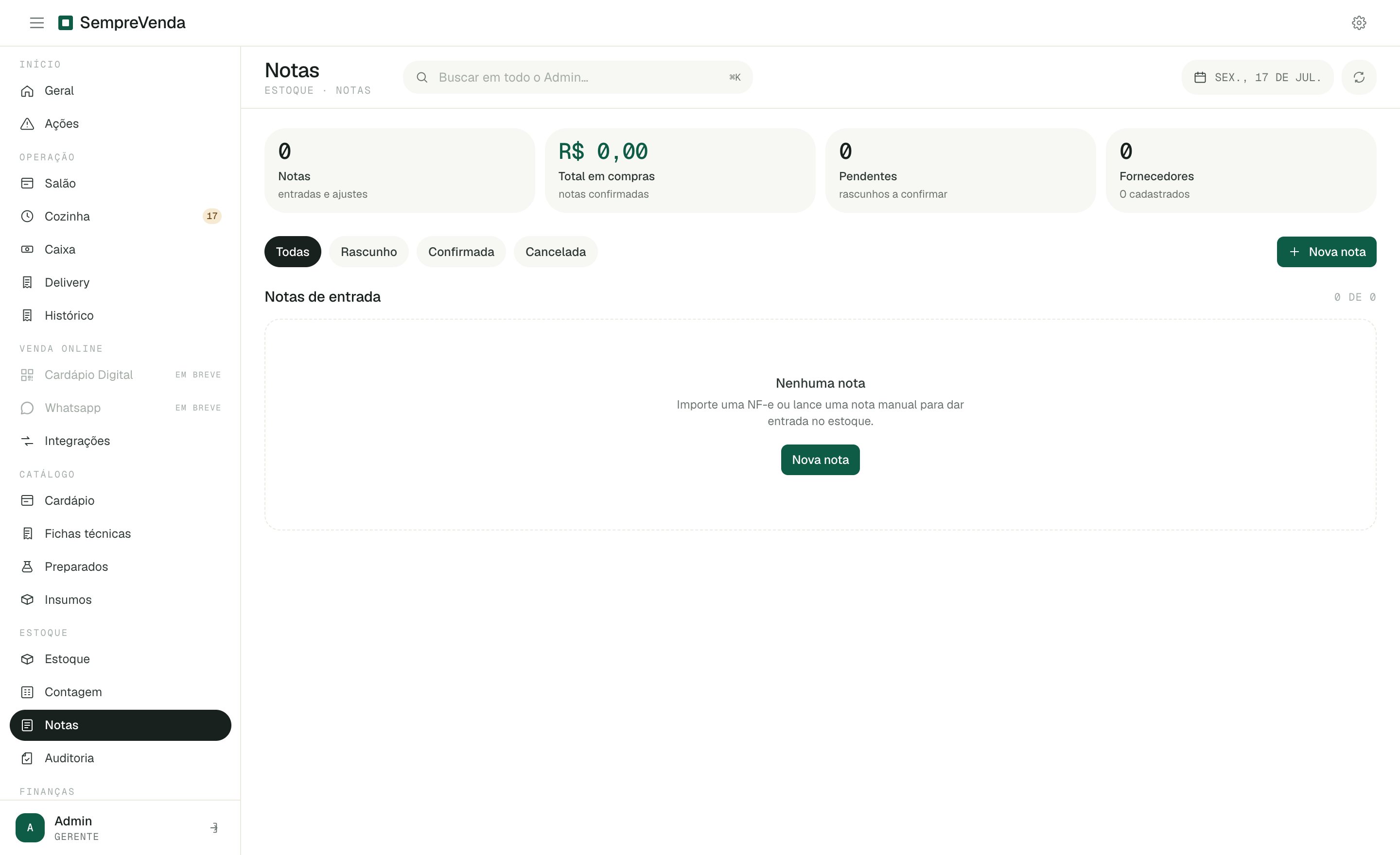 Página de notas de entrada