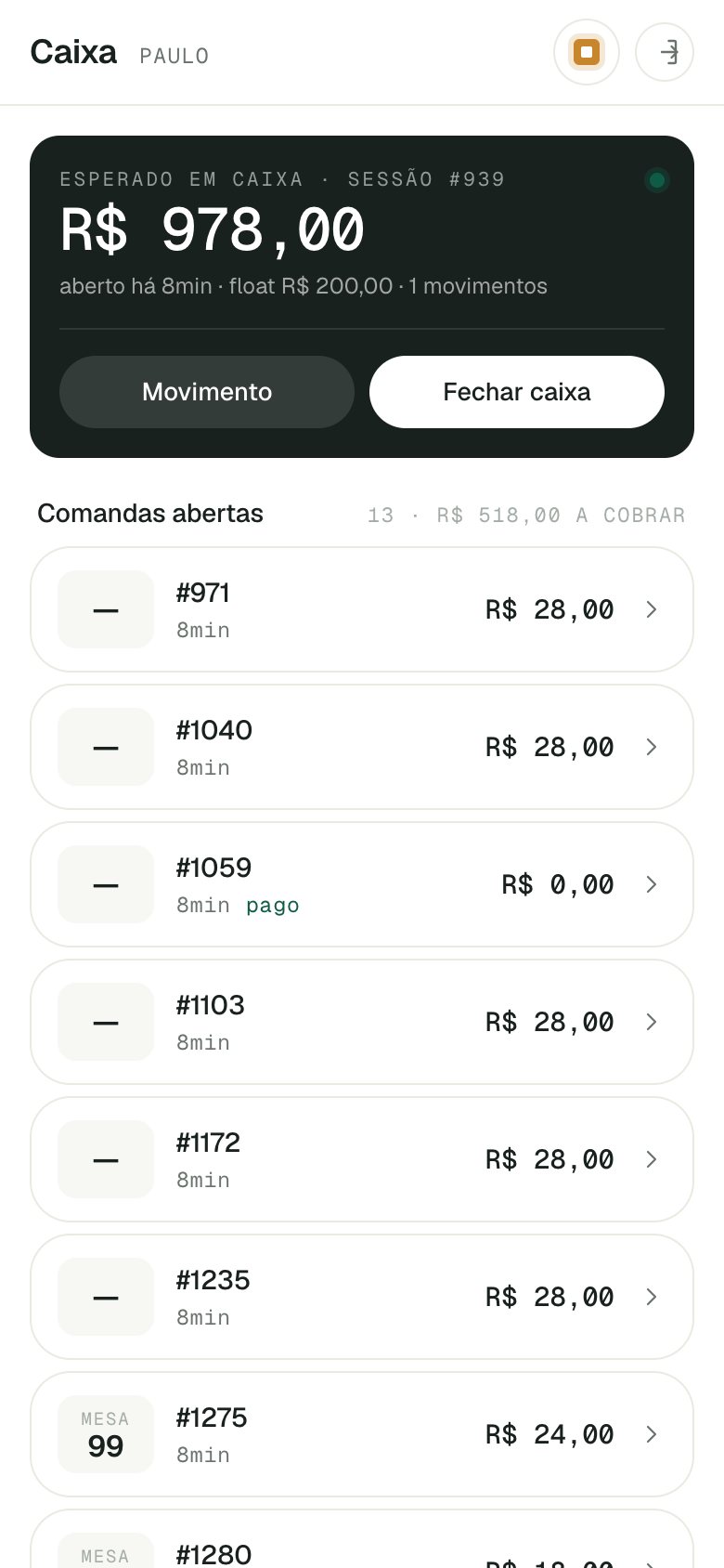Terminal de caixa aguardando abertura do turno