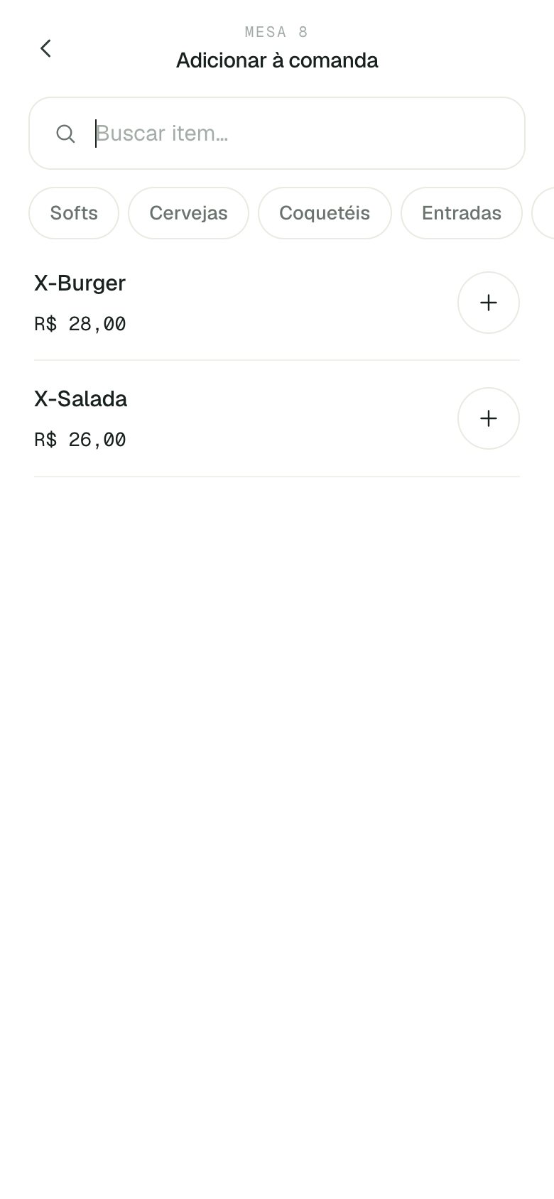 Tela de adicionar itens com busca e categorias