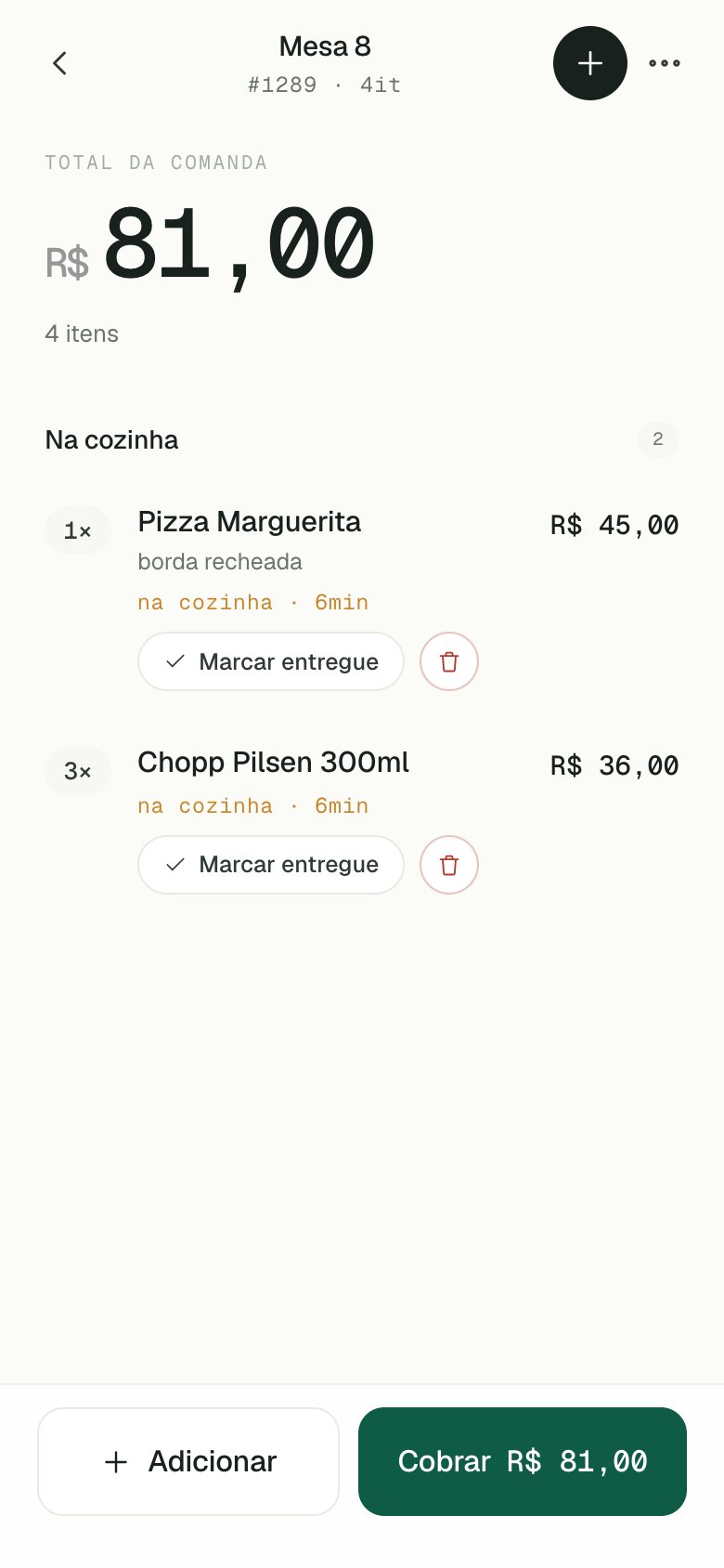 Tela da comanda com itens na cozinha