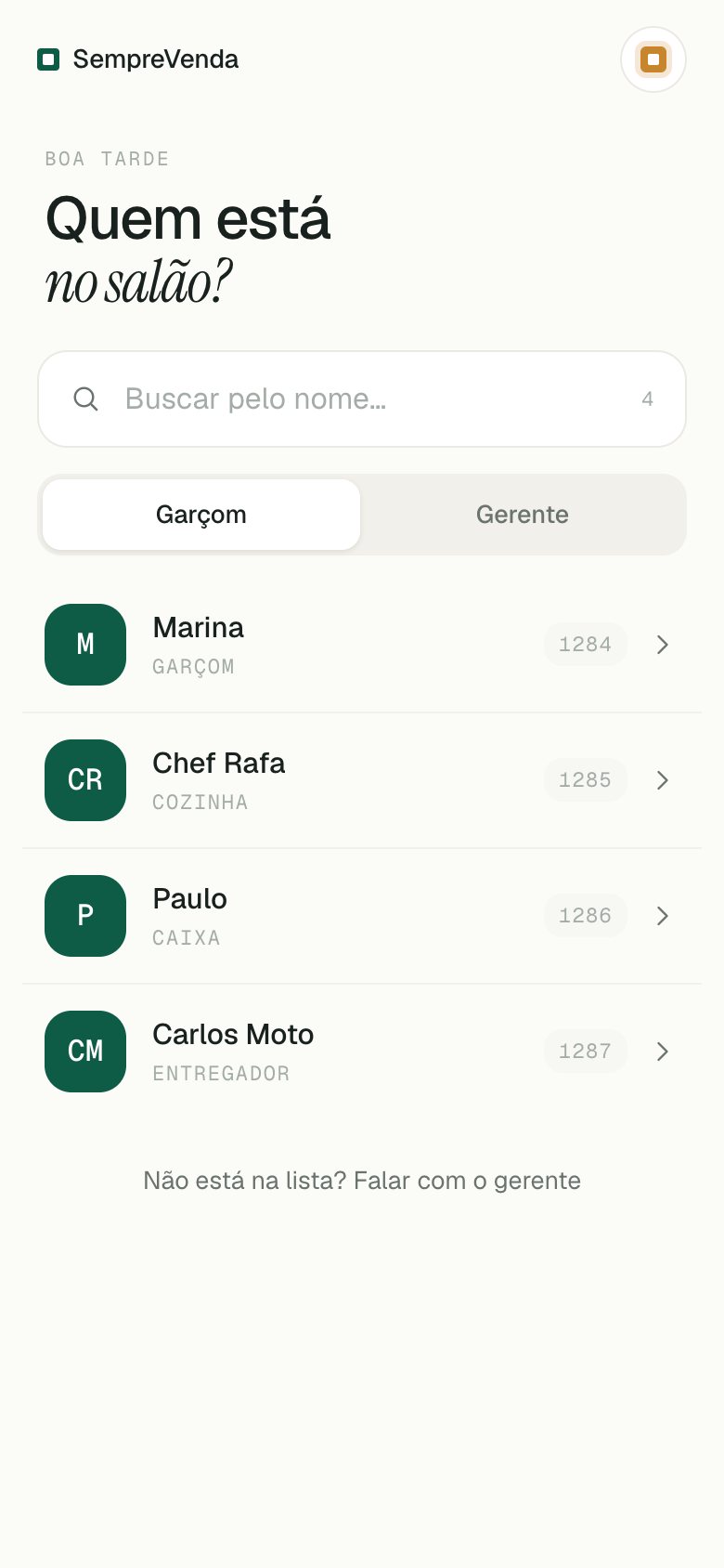 Tela de login com a lista de colaboradores