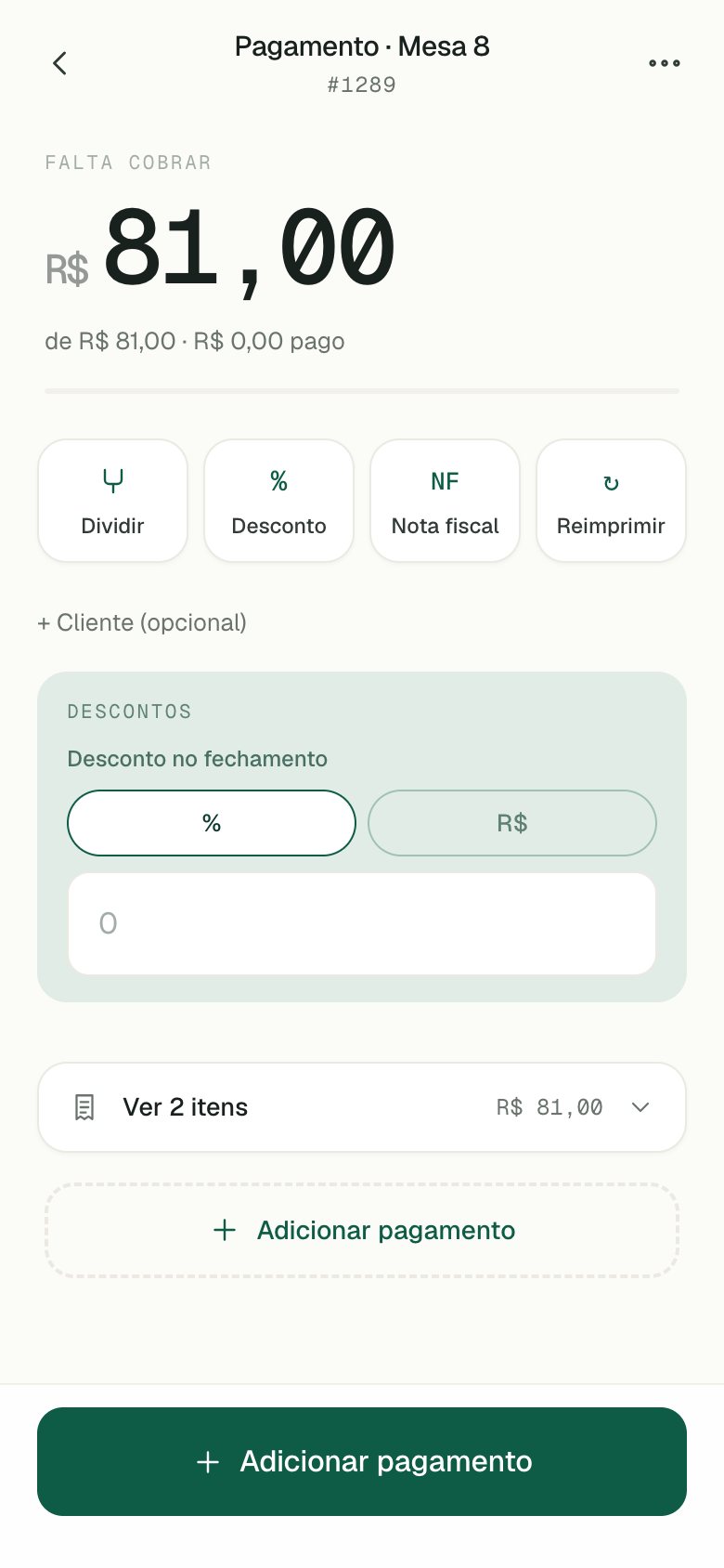 Tela de pagamento com atalhos de dividir, desconto, nota fiscal e reimprimir